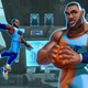 A cartoon version of Lebron James is depicted dunking a basketball in Batman's Bat Cave.